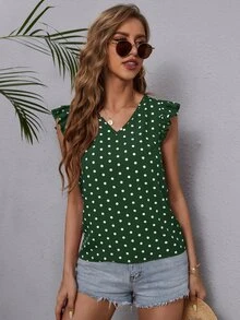 Blusa de lunares ribete con fruncido escote V - Verde Oscuro - Ver 3