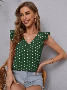 Blusa de lunares ribete con fruncido escote V - Verde Oscuro - Ver 4