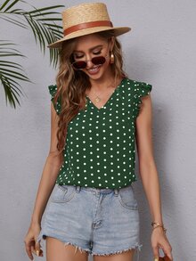 Blusa de lunares ribete con fruncido escote V - Verde Oscuro - Ver 5