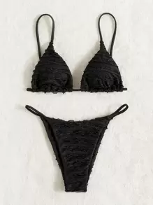 Swim SXY Summer Beach Lettuce Trim Detail Triangle Bikini - Black - View 3