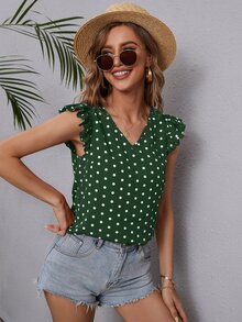 Blusa de lunares ribete con fruncido escote V - Verde Oscuro - Ver 6