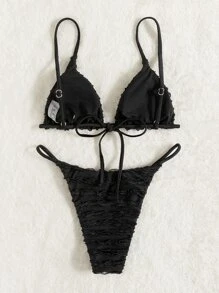 Swim SXY Summer Beach Lettuce Trim Detail Triangle Bikini - Black - View 5