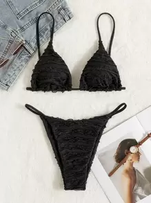 Swim SXY Summer Beach Lettuce Trim Detail Triangle Bikini - Black - View 4