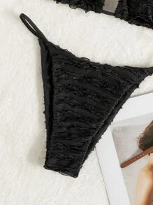 Swim SXY Summer Beach Lettuce Trim Detail Triangle Bikini - Black - View 7