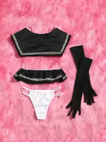 ROMWE Anime 4packs Bow Decor School Costume Set Lingerie - Multicolor - View 2