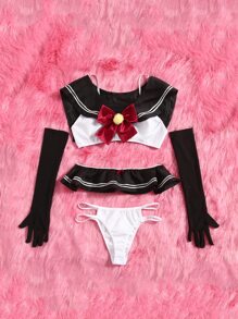 ROMWE Anime 4packs Bow Decor School Costume Set Lingerie - Multicolor - View 5