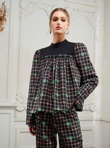 New Romance Mock Neck Frill Trim Floral and Grid Print Top - Multicolor - View 1