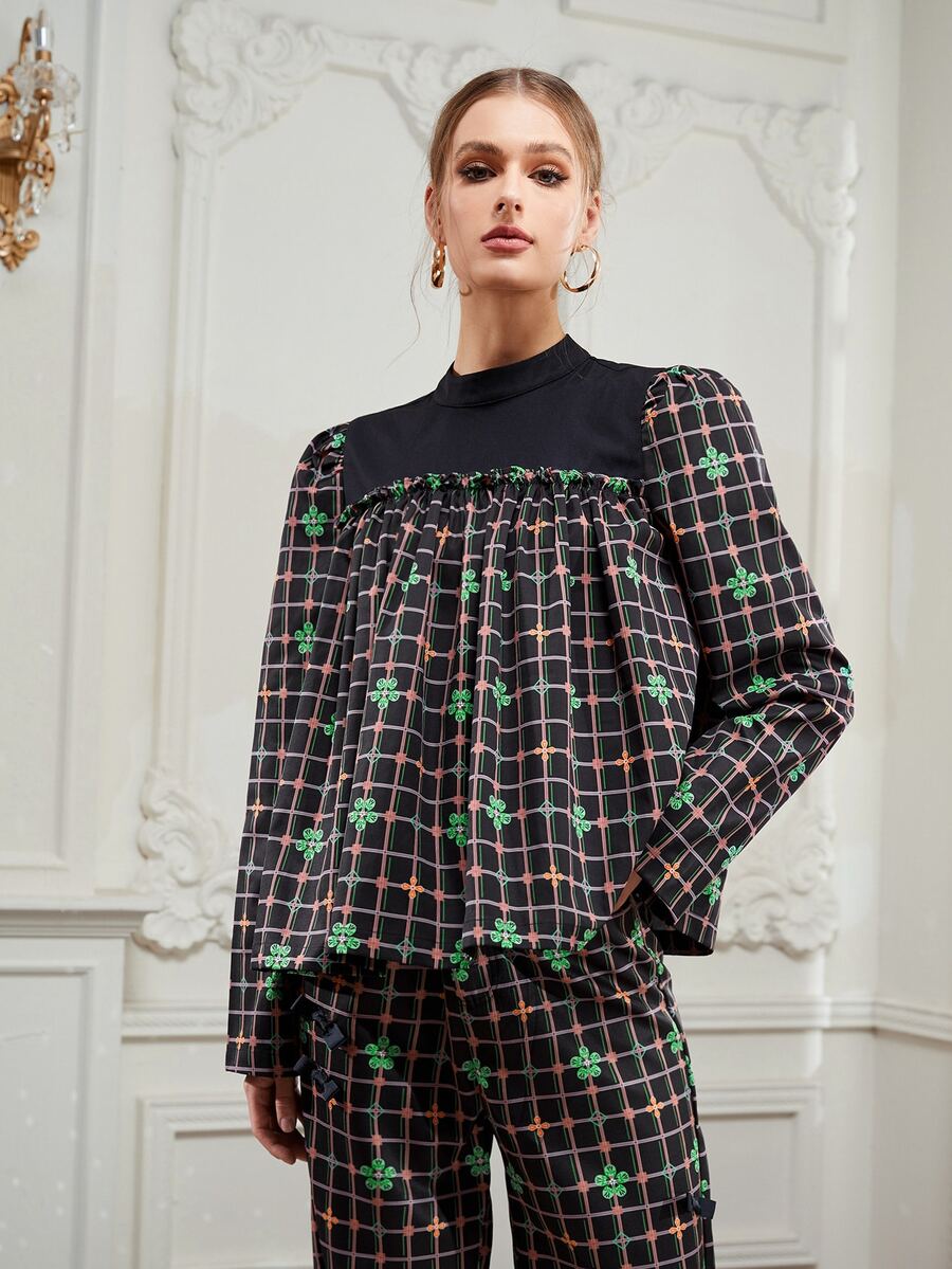 New Romance Mock Neck Frill Trim Floral and Grid Print Top - Multicolor - View 1