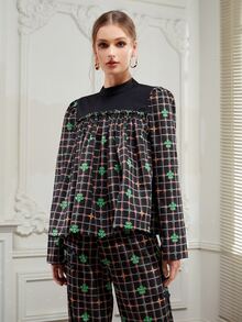 New Romance Mock Neck Frill Trim Floral and Grid Print Top - Multicolor - View 4