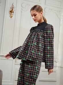 New Romance Mock Neck Frill Trim Floral and Grid Print Top - Multicolor - View 6