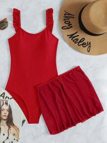 SHEIN Swim Summer Beach Ruffle Trim One Piece Swimsuit With Beach Dress - Red - View 2