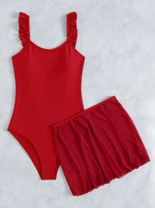 SHEIN Swim Summer Beach Ruffle Trim One Piece Swimsuit With Beach Dress - Red - View 3