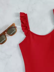 SHEIN Swim Summer Beach Ruffle Trim One Piece Swimsuit With Beach Dress - Red - View 4