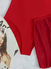 SHEIN Swim Summer Beach Ruffle Trim One Piece Swimsuit With Beach Dress - Red - View 5