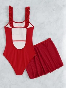 SHEIN Swim Summer Beach Ruffle Trim One Piece Swimsuit With Beach Dress - Red - View 6