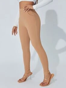 SHEIN PETITE 斜口袋緊身褲 - 駝色 - 查看 1