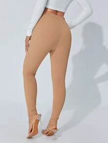 SHEIN PETITE 斜口袋緊身褲 - 駝色 - 查看 2