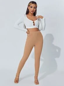 SHEIN PETITE 斜口袋緊身褲 - 駝色 - 查看 3