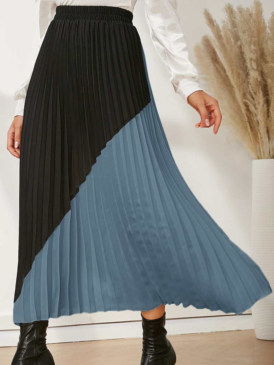 Modelyn Colour Block Pleated Elastic Waist Skirt - Multicolor - View 1