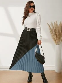 Modelyn Colour Block Pleated Elastic Waist Skirt - Multicolor - View 3