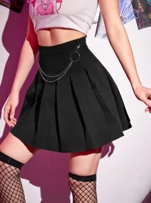 ROMWE Grunge Punk Solid Pleated Skirt With Chain, School - Black - View 4
