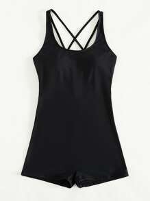 Swim SPRTY Summer Beach Solid One Piece Swimsuit - Black - View 3