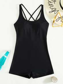 Swim SPRTY Summer Beach Solid One Piece Swimsuit - Black - View 6