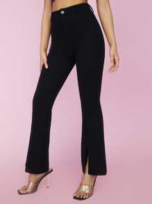 SHEIN PETITE Quần nữ Nút Chia màu trơn Thanh lịch - màu đen - Xem 4