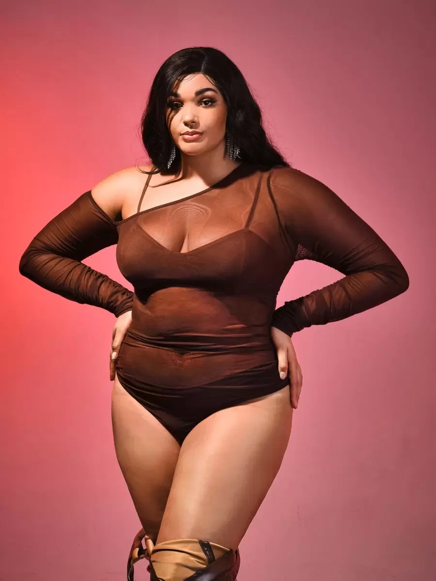 SHEIN Unity Plus Peekaboo Front Sheer Bodysuit Without Bra - Chocolate Brown - View 1