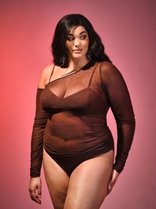 SHEIN Unity Plus Peekaboo Front Sheer Bodysuit Without Bra - Chocolate Brown - View 3