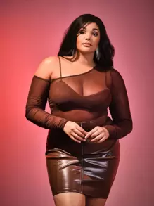 SHEIN Unity Plus Peekaboo Front Sheer Bodysuit Without Bra - Chocolate Brown - View 5