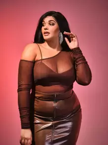 SHEIN Unity Plus Peekaboo Front Sheer Bodysuit Without Bra - Chocolate Brown - View 6