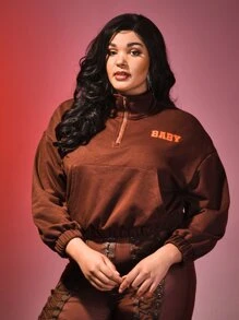 SHEIN Unity Plus Letter Graphic High Neck Drop Shoulder Sweatshirt - Rust Brown - View 1