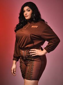 SHEIN Unity Plus Letter Graphic High Neck Drop Shoulder Sweatshirt - Rust Brown - View 3