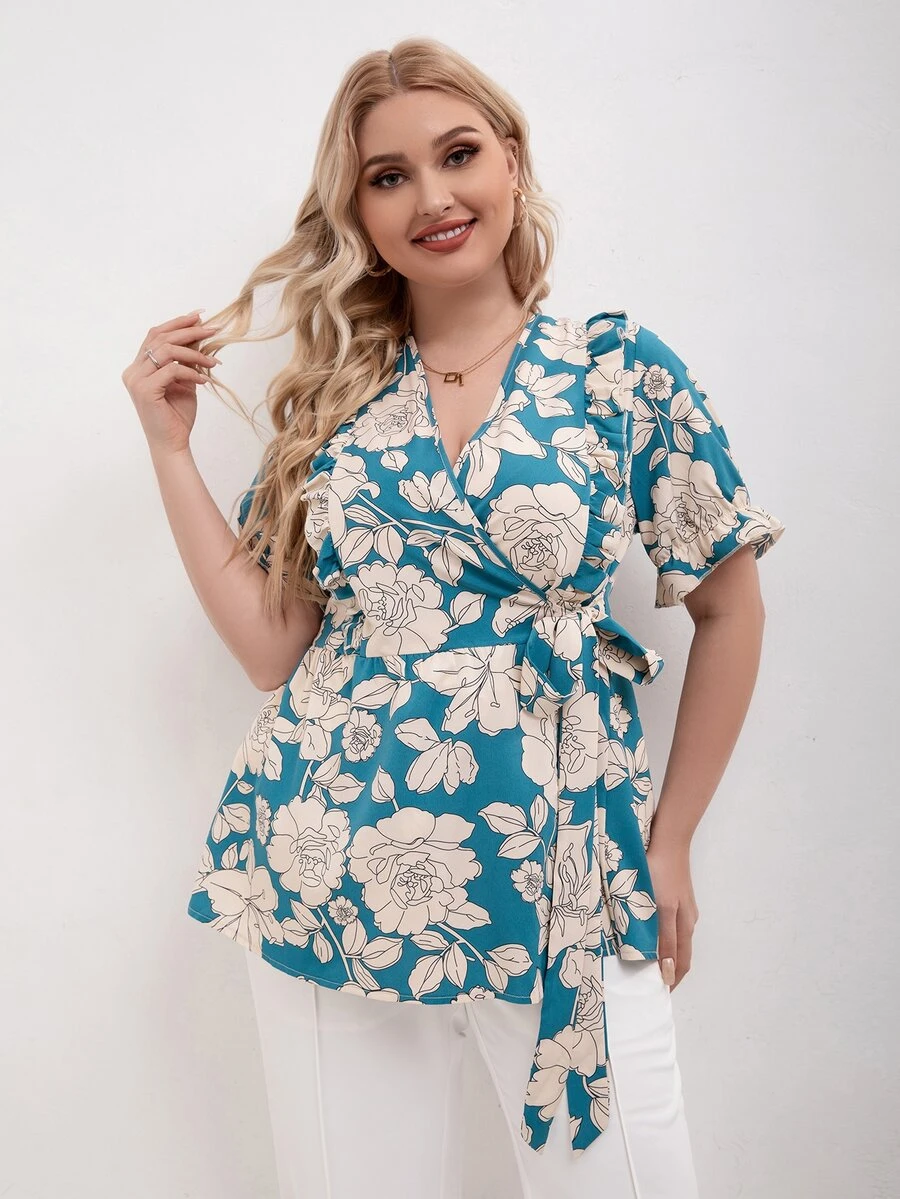 Veckad Remsa Knut Sjal Blommig Boho Plus Size Blus - Blått och Vitt - Visa 1