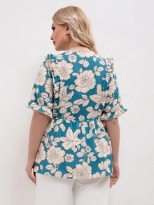 Veckad Remsa Knut Sjal Blommig Boho Plus Size Blus - Blått och Vitt - Visa 2