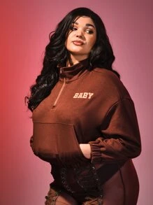 SHEIN Unity Plus Letter Graphic High Neck Drop Shoulder Sweatshirt - Rust Brown - View 5