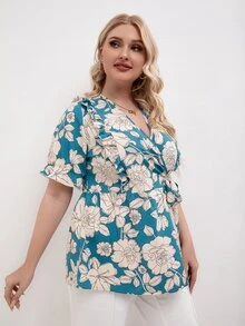Veckad Remsa Knut Sjal Blommig Boho Plus Size Blus - Blått och Vitt - Visa 3