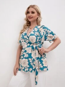 Veckad Remsa Knut Sjal Blommig Boho Plus Size Blus - Blått och Vitt - Visa 4