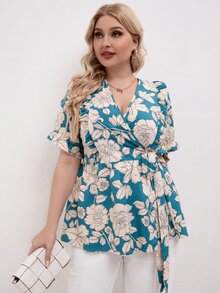 Veckad Remsa Knut Sjal Blommig Boho Plus Size Blus - Blått och Vitt - Visa 5