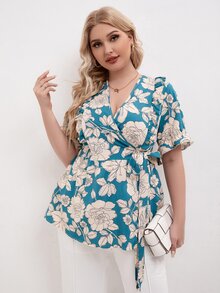Veckad Remsa Knut Sjal Blommig Boho Plus Size Blus - Blått och Vitt - Visa 6