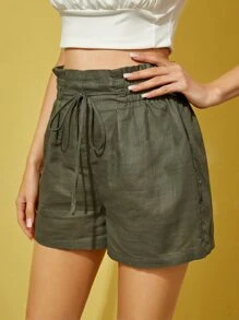 SHEIN EZwear 紙袋型腰前打結短褲 - 軍綠色 - 查看 5