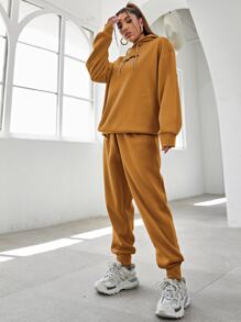 SHEIN Unity 字母刺繡落肩袖連帽衫和衛褲 - 薑色 - 查看 3