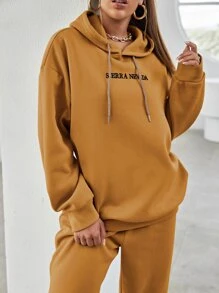 SHEIN Unity 字母刺繡落肩袖連帽衫和衛褲 - 薑色 - 查看 6