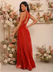 SHEIN Vestido de fiesta de cuello halter de espalda abierta de terciopelo - Naranja Quemada - Ver 1
