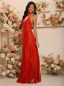 SHEIN Vestido de fiesta de cuello halter de espalda abierta de terciopelo - Naranja Quemada - Ver 4