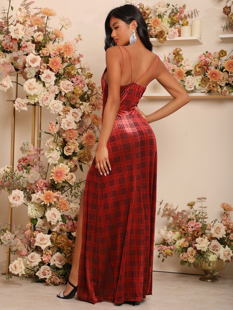 Tartan Split Thigh Velvet Dress