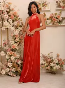 SHEIN Vestido de fiesta de cuello halter de espalda abierta de terciopelo - Naranja Quemada - Ver 5