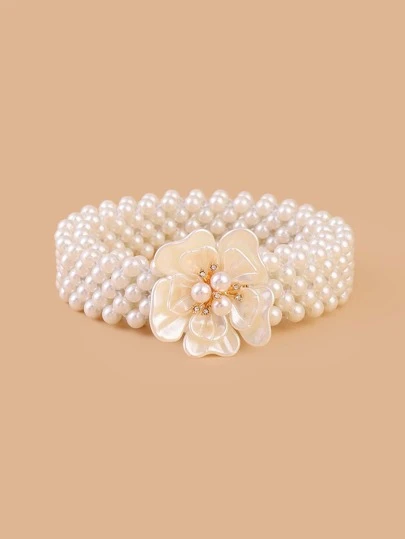 Flower Detail Faux Pearl Belt Elegant Summer, School Fall, Autumn, Halloween