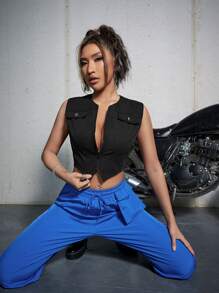 SHEIN ICON Áo hai dây Nút Dây kéo màu trơn Giải trí - màu đen - Xem 1